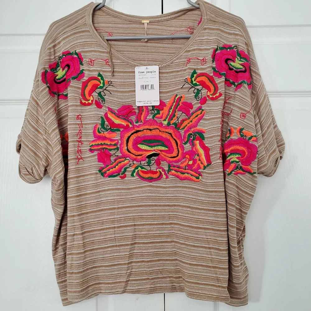 Free People Catalunya Embroidered Oversized Cropped Top in Mushroom Combo Size L - Picture 2 of 16